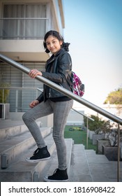 Teenage Girl Coming Home, Climbing Stairs