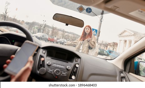 Teenage Girl Crossed The Street While Distracted Driver Running Over Her, Using His Mobile Phone. Technology And Transportation Concept. Selective Focus On A Pedestrian. Web Banner