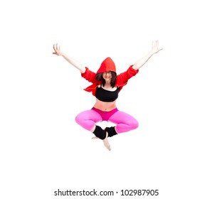 Teenage girl dancing hip-hop, modern dance, break dancing, wearing red and black sportswear clothing, studio series, isolated over white background.