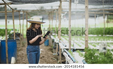 A teenage girl farmer uses a tablet app to control vegetable growing in greenhouse, smart farm.