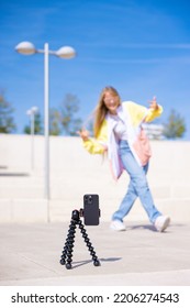 Teenage Girl Filming Social Media Video, Focus On The Phone