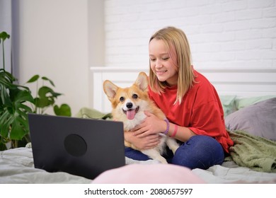 teenage girl with funny corgi dog and laptop on bed at home. Cozy workplace, online education, E-learning concept. Distance communication with laptop - Powered by Shutterstock