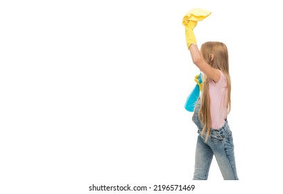 Teenage Girl Holding Spray Bottle And Duster In Yellow Gloves Studio Isolated On White, Cleaning