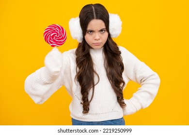 Teenage Girl With Lollipop, Child Eating Sugar Lollipops, Kids Sweets Candy Shop. Excited Teenager Girl. Serious Teenager Girl.