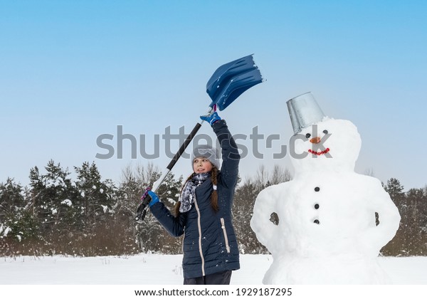 Teenage Girl Makes Snowman Holds Shovel Stock Photo 1929187295 ...