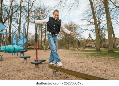 Teenage girl in the park on the balance beam - Powered by Shutterstock