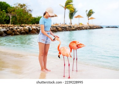 Teenage girl and pink flamingos at beach in Aruba