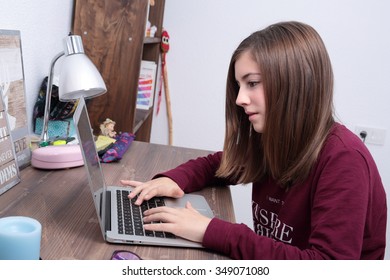Teenage Girl Studying With A Computer In His Room