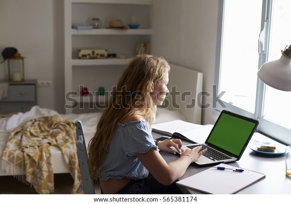 Teenage Girl Using Laptop Computer Desk Stock Photo Edit Now