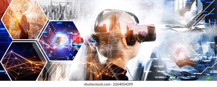 Teenage girl with virtual reality head set enjoying learning and surfing via new worlds. Virtual reality, education, leisure concept  - Shutterstock ID 2264054299