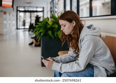 Teenage girl waiting in hospital corridor, sitting on bench and looking at smartphone. Adolescent patient coming to hospital for examination. - Powered by Shutterstock