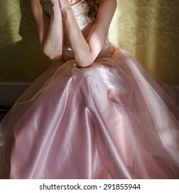 Teenage Girl Wearing Fancy Prom Pink Dress, Posing On  School-leaving Party. 