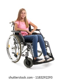 Teenage Girl In Wheelchair On White Background