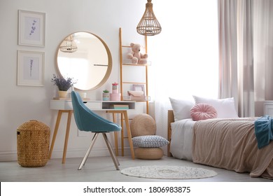 Teenage Girl's Bedroom Interior With Stylish Furniture. Idea For Design