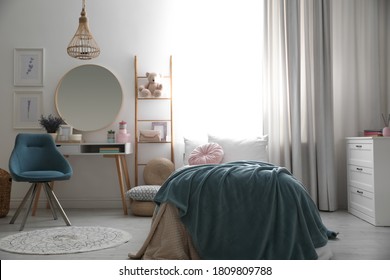 Teenage Girl's Bedroom Interior With Stylish Furniture. Idea For Design