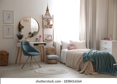 Teenage Girl's Bedroom Interior With Stylish Furniture. Idea For Design