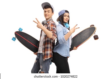 Teenage hipsters with longboards making peace signs isolated on white background