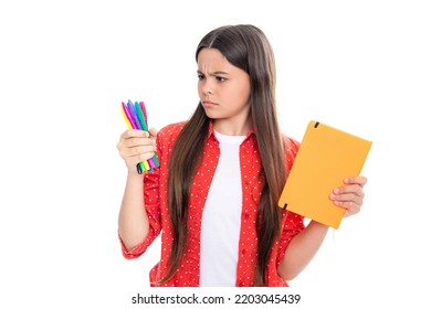 Teenage School Girl With Books. Schoolgirl Student. Angry Teenager Girl, Upset And Unhappy Negative Emotion.