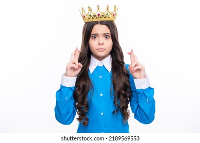 Teenage Selfish Girl Celebrates Success Victory. Teen Child In Queen Crown Isolated On White Background. Princess Girl In Tiara. Prom Party.