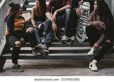 Teenage skateboarders hanging out, hobby, street urban photo. Teenage exercise healthy lifestyle workout outdoor group. Workout exercise and healthy teen teenagers, cool skateboard hobby concept. - Powered by Shutterstock