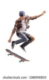 Teenage Skater Boy Jumping Isolated On White Background