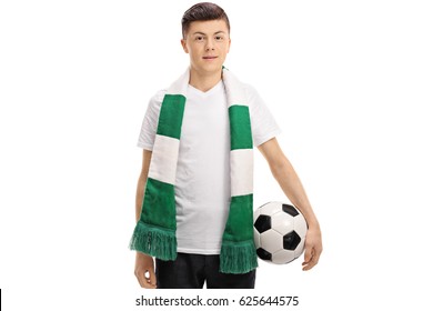 Teenage Soccer Fan With A Scarf And A Football Isolated On White Background