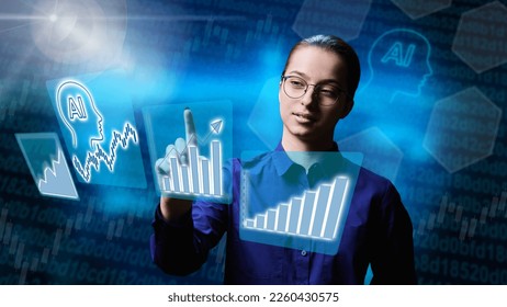 Teenage student studying economics using digital virtual screen