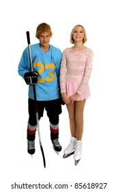 A Teenage Winter Ice Sport Couple, Hockey Player And Figure Skater