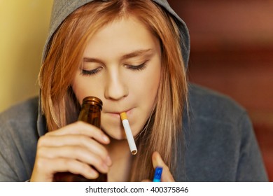 Teenage Woman Drinking Beer Smoking Cigarette Stock Photo 400375846 ...