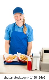 Teenage Worker Serves Meal In A Fast Food Restaurant.  White Background