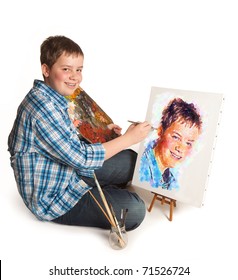 Teenager artist making a self-portrait artwork painting
