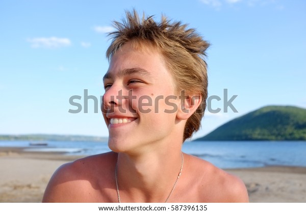 Portrait Of A Cute European Teen Boys Wearing Swimming 