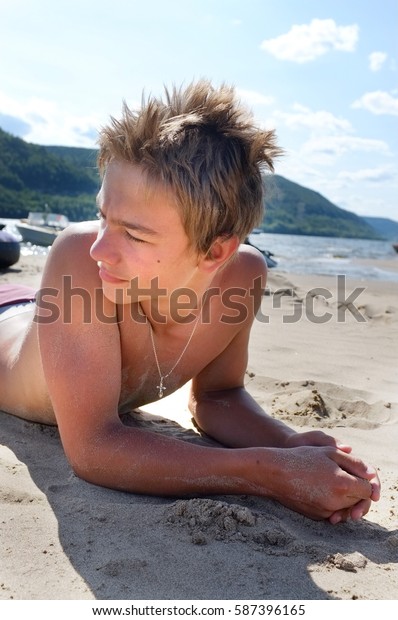 Cute European Teen Boy Swimming Shorts Stock Photo 