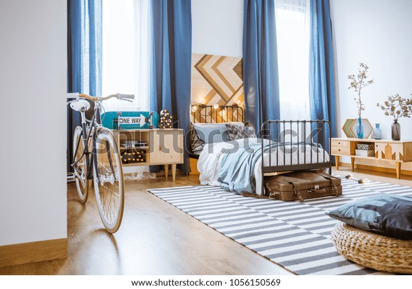 Teenager Bedroom Interior Navy Blue Curtains Stock Photo
