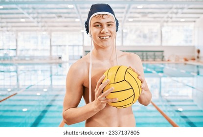 Teenager, boy and ball, water polo with sports and smile in portrait at indoor swimming pool. Young male player, high school athlete and swimmer with fitness, health and game, happy with exercise - Powered by Shutterstock