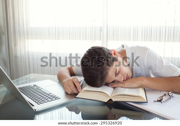 Teenager Boy Falling Asleep Desk Home Stock Photo Edit Now 295326920