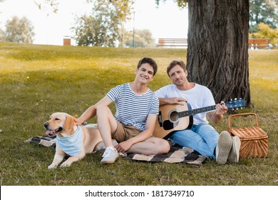 teenager boy and father sitting on blanket near golden retriever under tree trunk