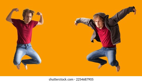 teenager boy jumping dance movement on a colored yellow background. - Shutterstock ID 2254687905