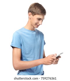 Teenager Boy With Mobile Phone On White Background