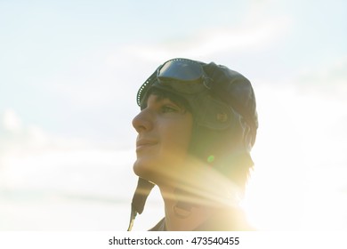 Teenager Boy Retro Pilot In Vintage Helmet And Googles Close Up Portrait