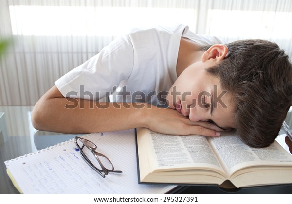 Teenager Boy Sleeping Home Desk Doing Stock Photo Edit Now 295327391