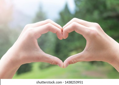 The teenager folded her hands in the shape of a heart against the background of coniferous trees in the park on a sunny day. The concept of harmonious relationships with wildlife - Shutterstock ID 1438253951