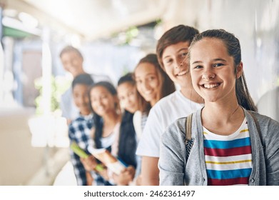 Teenager, friends and portrait for school education or learning development, growth or scholarship. Girls, boys and row in building hallway with books for student study or together, group or smile - Powered by Shutterstock