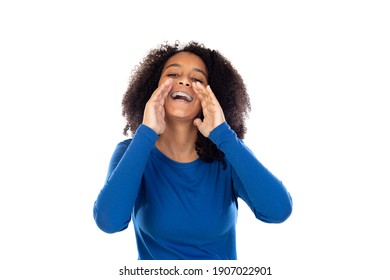 Teenager Girl With Afro Hair Wearing Blue Sweater Isolated On A White Background