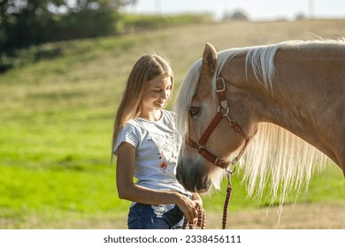 A teenager girl with her haflinger horse in summer outdoors, girl and horse friendship scene - Powered by Shutterstock