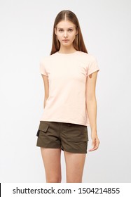 Teenager Girl In Khaki Cargo Shorts