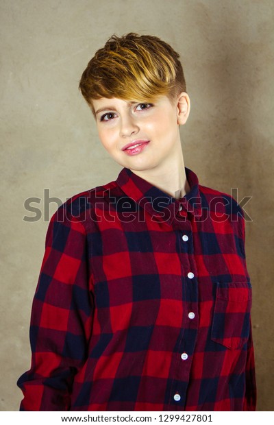 Teenager Girl Short Haircut Concrete Wall Stock Photo Edit