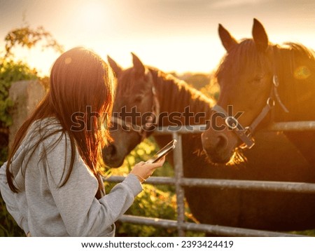 Teenager girl with smart phone by a metal fence with dark horses at sunset. Selective focus. Soft and airy mood. Warm sunshine glow.