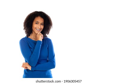 Teenager girl wearing blue sweater isolated on a white background