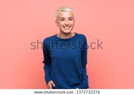 Similar – Image, Stock Photo Portrait of a short-haired blonde in a terracotta scarf in an autumn park